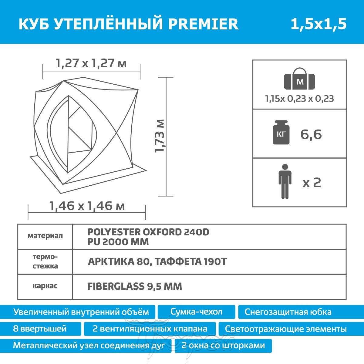 Палатка зимняя КУБ PREMIER 1.5x1.5 Утепленный Art:PR-ISCI-150YLG