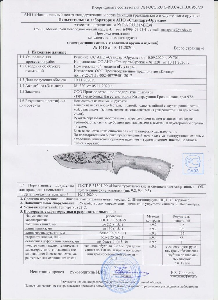 Нож Кизляр "Глухарь" Сталь 57-58 HRC Art:05006