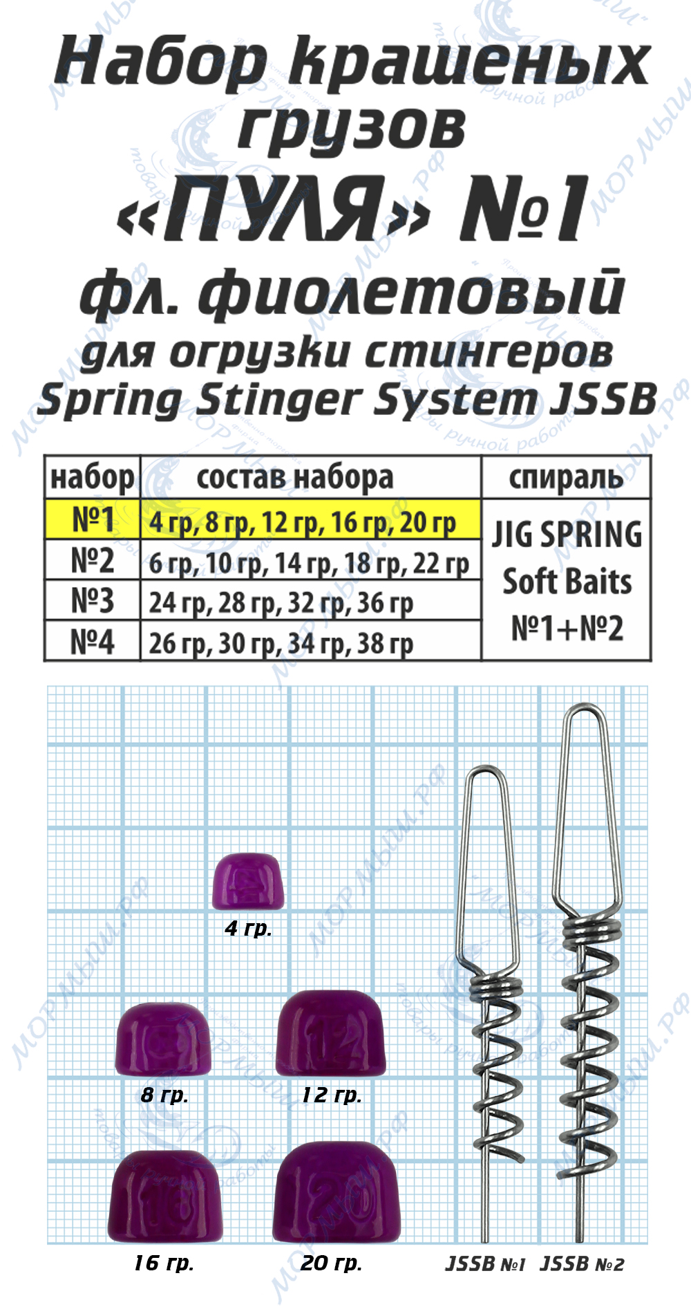 Набор крашеных грузов  Мормыш "Пуля" для Спиралей JIG SPRING, 06-флуор. фиолетовый, №1÷№4